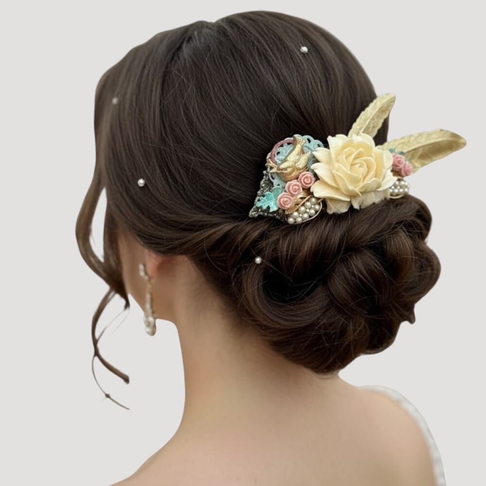 Bridal Boho Floral Hair Comb Wedding Vintage Feather Statement Accessory NWT